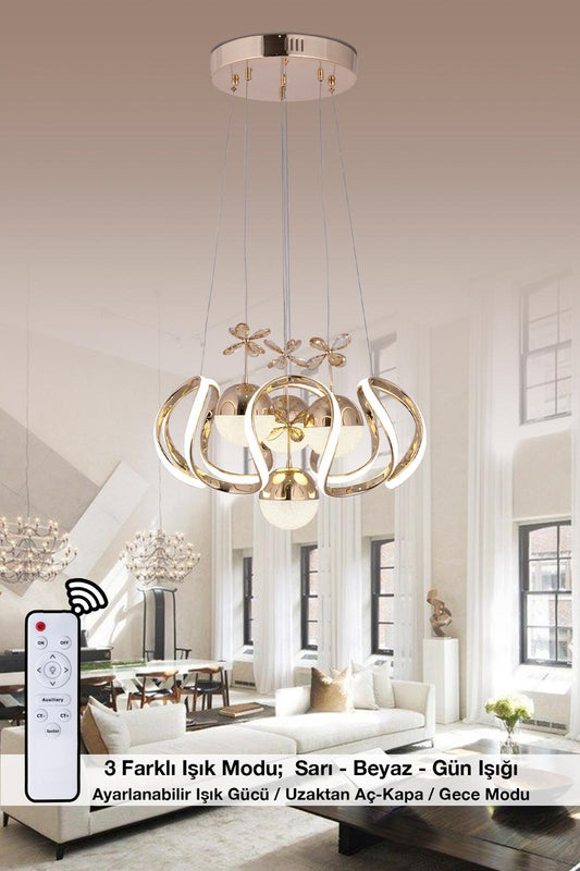 HR044 Modern Crystal Stone Chandelier (Gold) with Remote Control
