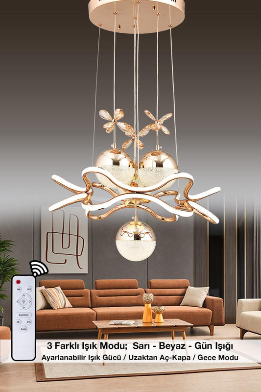 HR046 Modern Crystal Stone Chandelier (Gold) with Remote Control