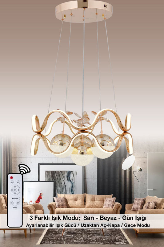 HR050 Modern Crystal Stone Chandelier (Gold) with Remote Control