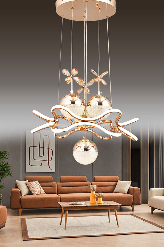 HR046 Modern Crystal Stone Chandelier (Gold) with Remote Control
