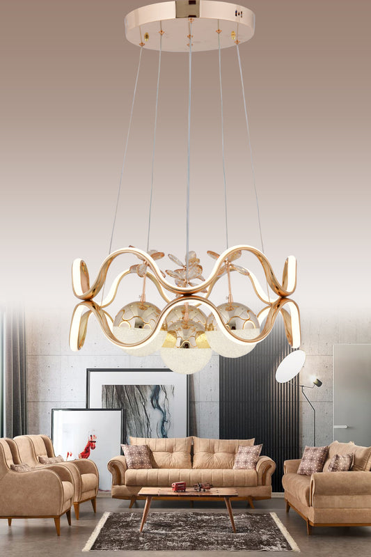 HR050 Modern Crystal Stone Chandelier (Gold) with Remote Control